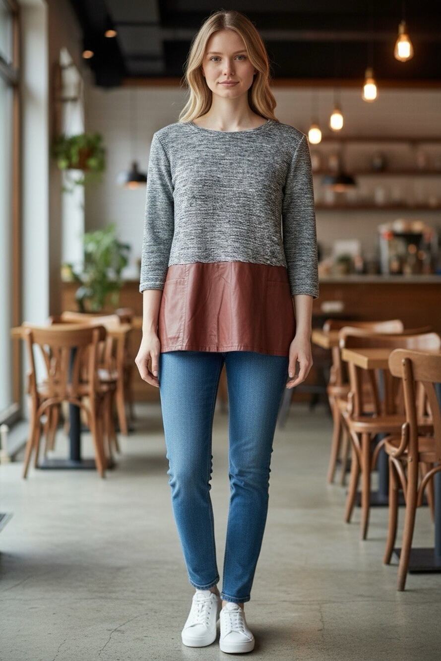 THML Gray Color Block Sweater Top Brown Faux Leather Lightweight Women’s Size L